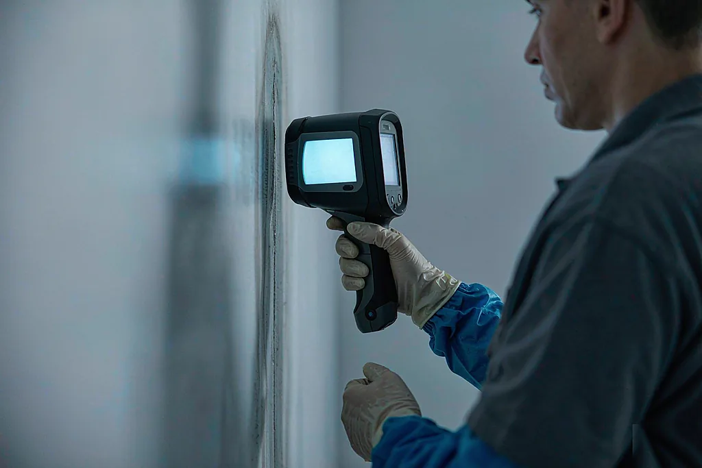 技术人员使用红外热像仪进行渗漏扫描检测
